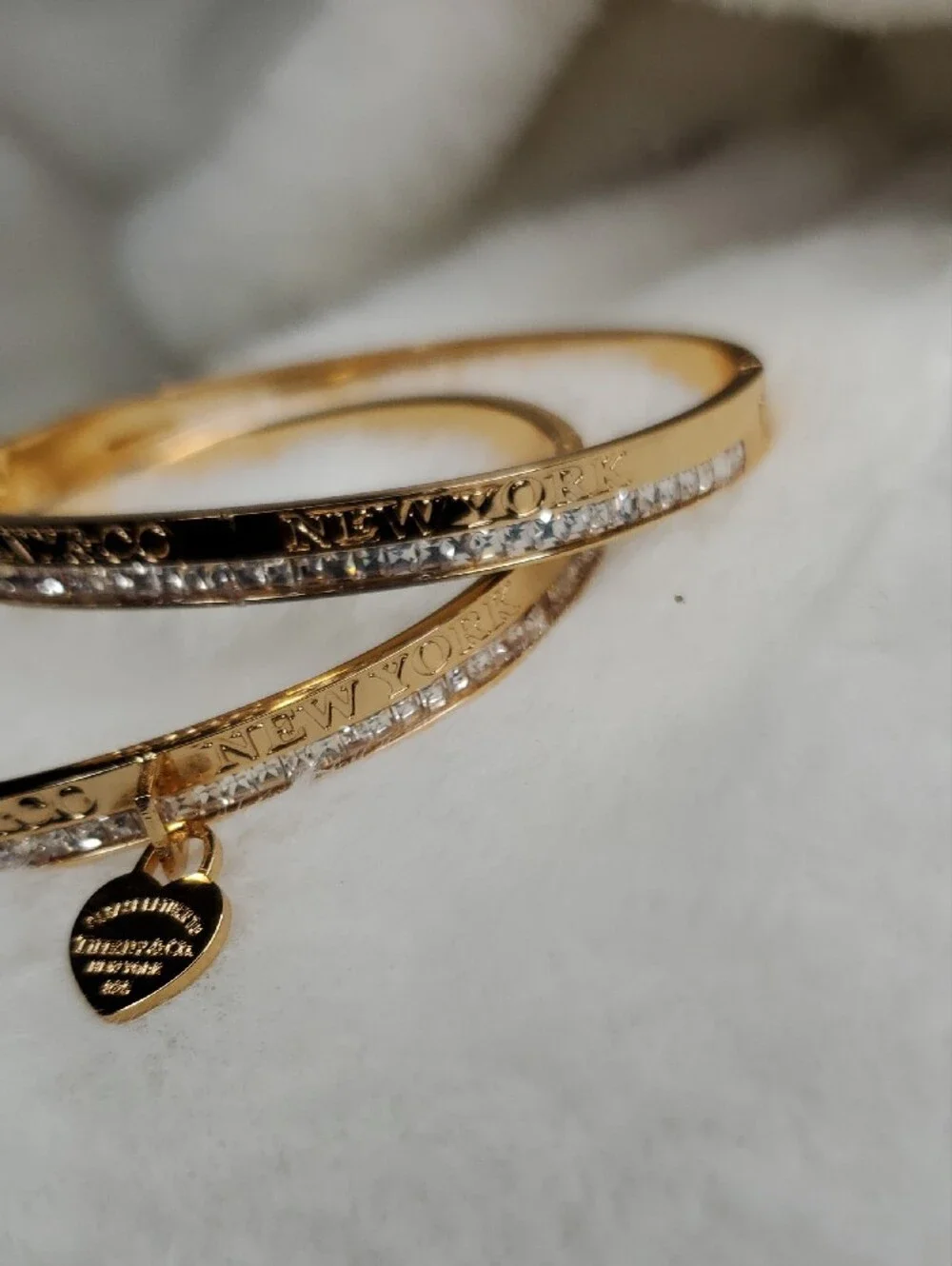 Fashion Jewelry Tiff  Gold-Tone Crystal Bangle Bracelets with Heart Charm